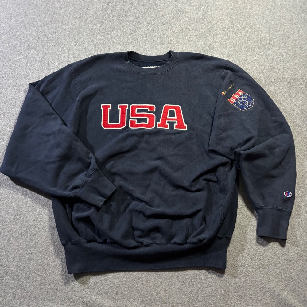 VTG Champion Sweatshirt Men XL Navy Blue 1996 Atlanta Olympics USA Reverse Weave